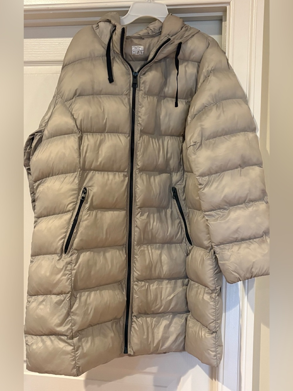 32 Degrees Long Hooded Puffer Coat in Light Gray- XXL